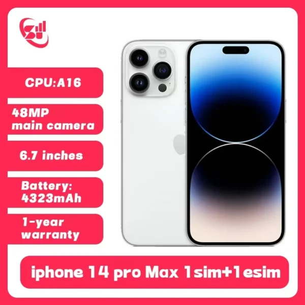⁦هاتف Apple iPhone 14 Pro Max 1SIM + 1eSIM 128/256GB ROM 6GB RAM 6.7 بوصة معرف الوجه OLED الأصلي NFC A16 (نسخة)⁩ - الصورة ⁦2⁩